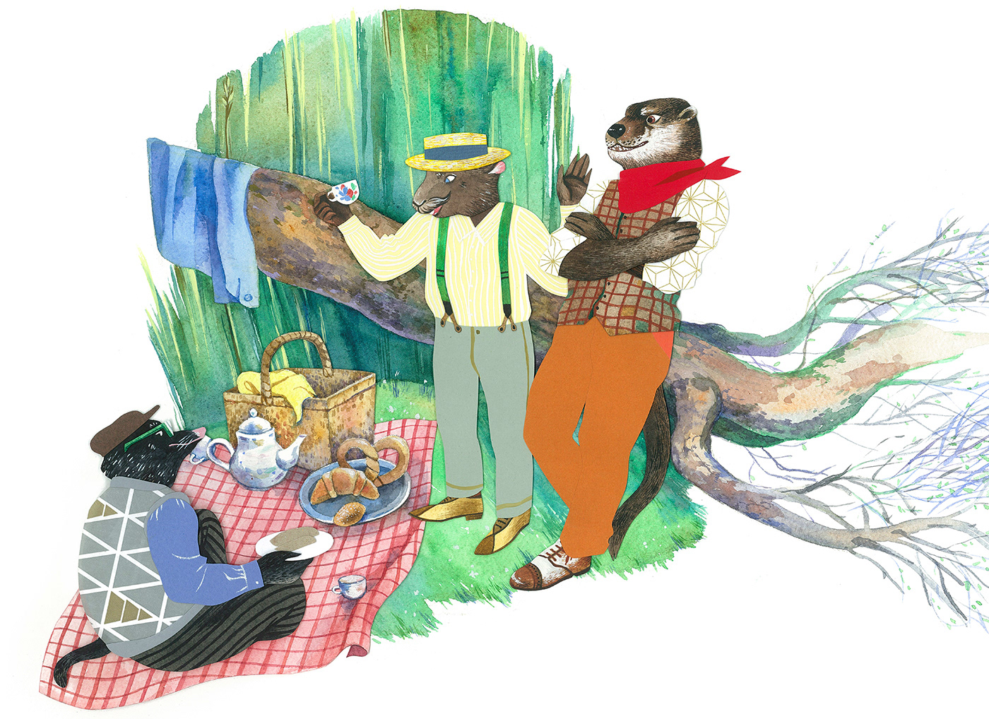 animals British Literature children illustration collage ILLUSTRATION  in the willow kenneth grahame  The Wind In TRADITIONAL ART watercolor