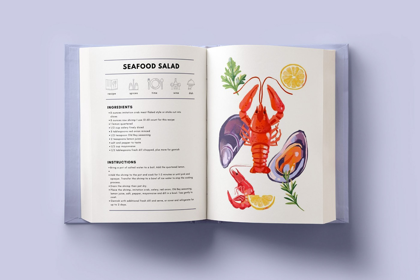 watercolor sketch digital illustration ILLUSTRATION  gouache seafood menu restaurant design cookbook recipe book packaging design