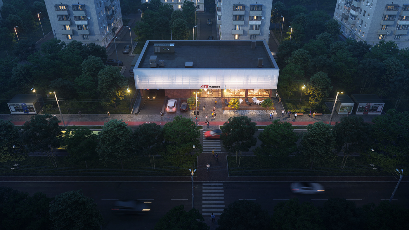 market Lviv architecture Render visualization Project Evening corona 3dsmax Supermarket