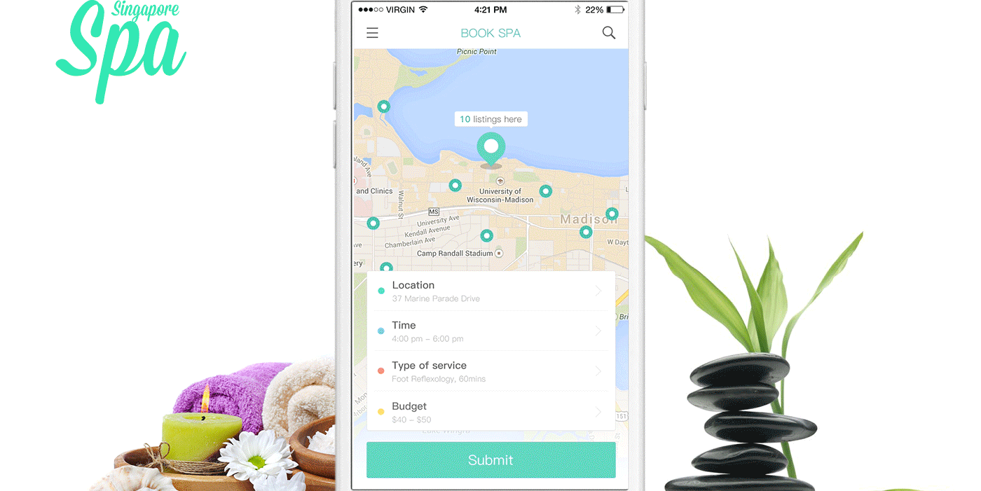 UI ux Spa singapore app map search Booking