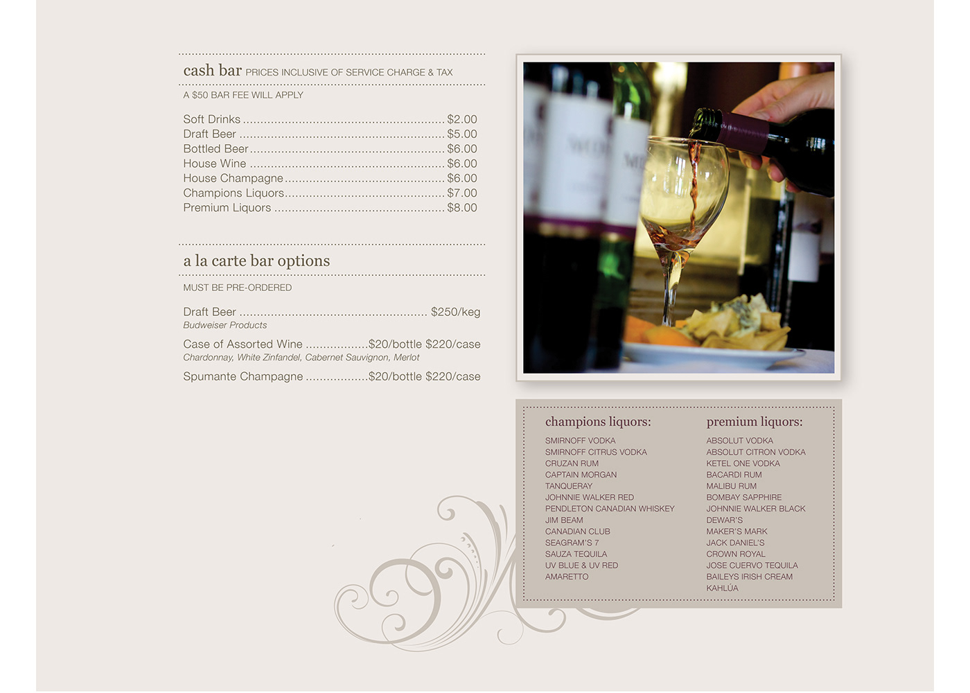 menu page layout Champions wedding catering elegant