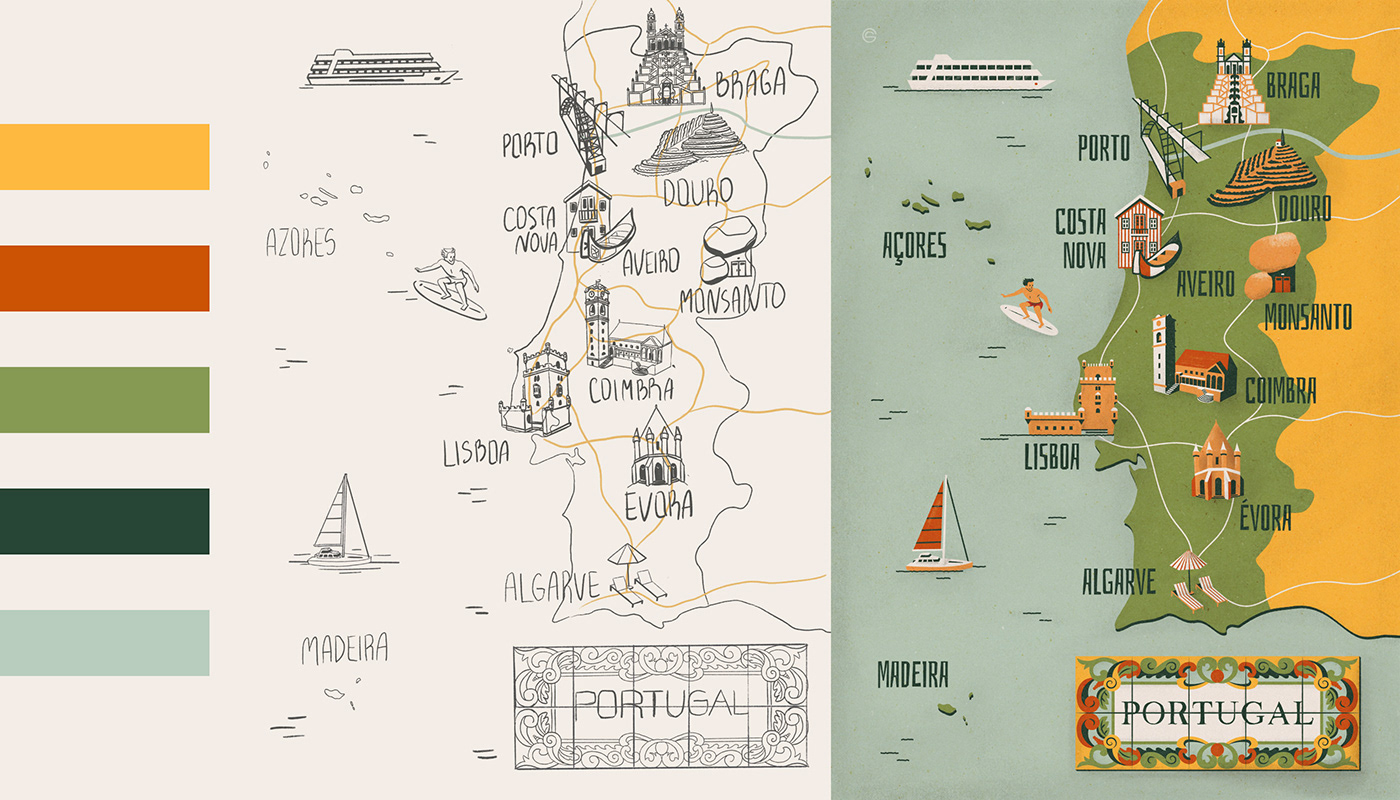 collage consisting of a color palette, draft version an final version of a Portugal map with sights