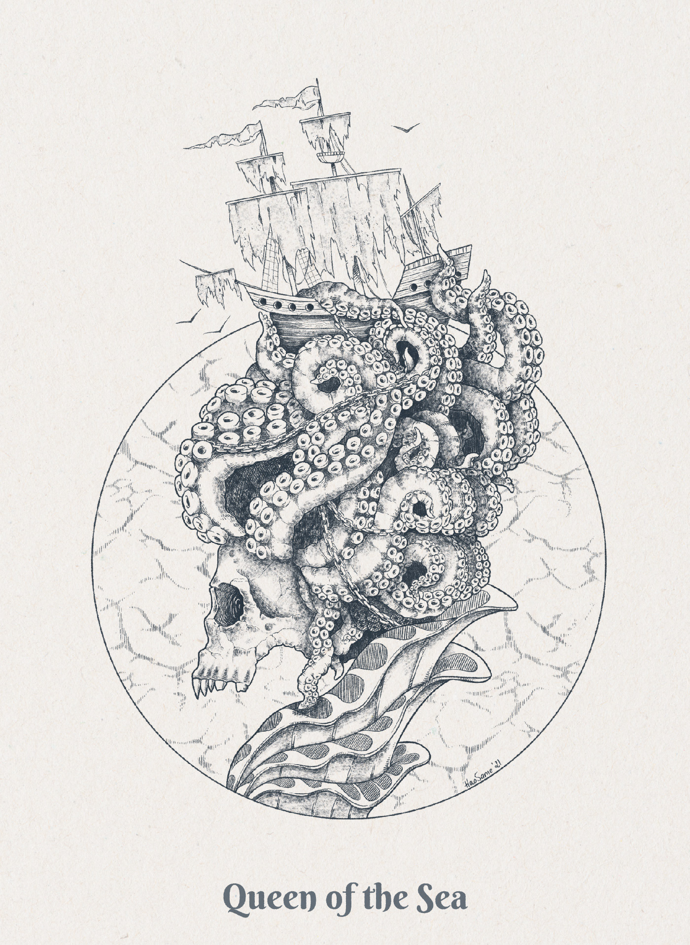 graphics hatching line art mermaid Ocean Procreate sketch skull tattoo underwater