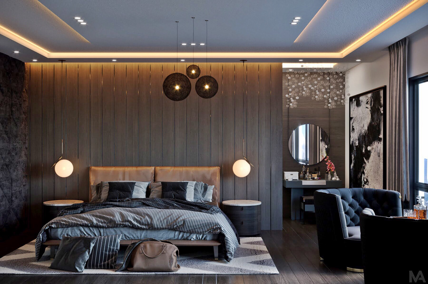 Modern dark bedroom on Behance