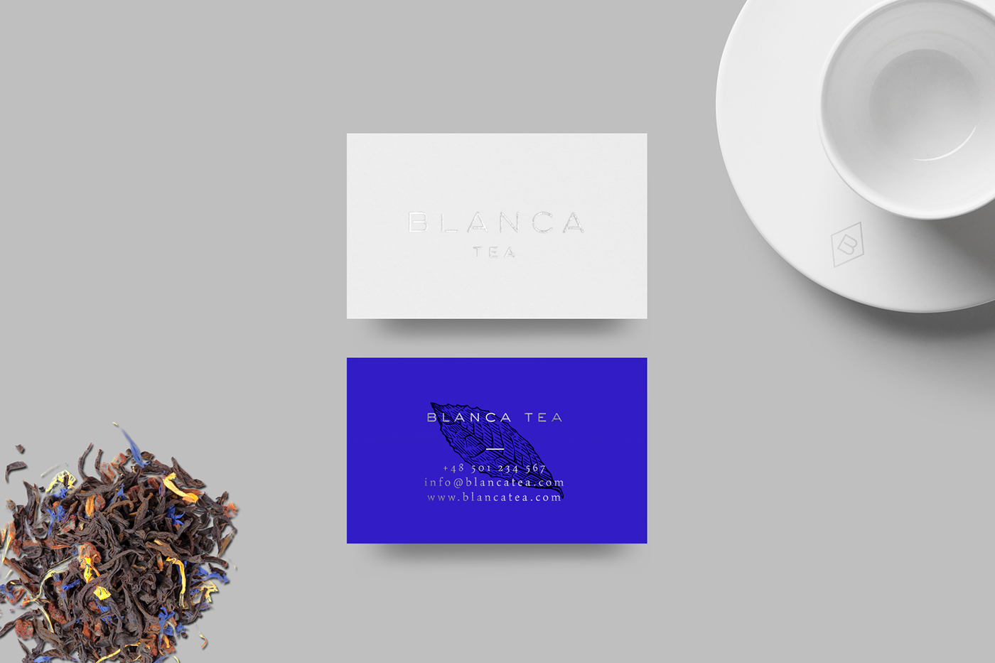 tea Blanca silver foil silver ultramarine labels