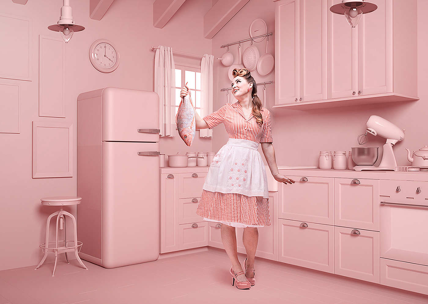 food nanny vintage kitchen pink Retro marketing   Composite housewife fish CGI Production nostalgia cooking portrait americana