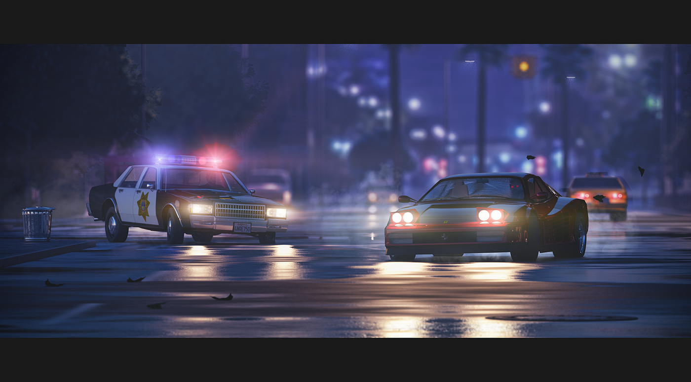 night Chase car police TESTAROSSA  FERRARI miami hollywood Retro chevrolet 80's Kavinsky drive 3D artwork