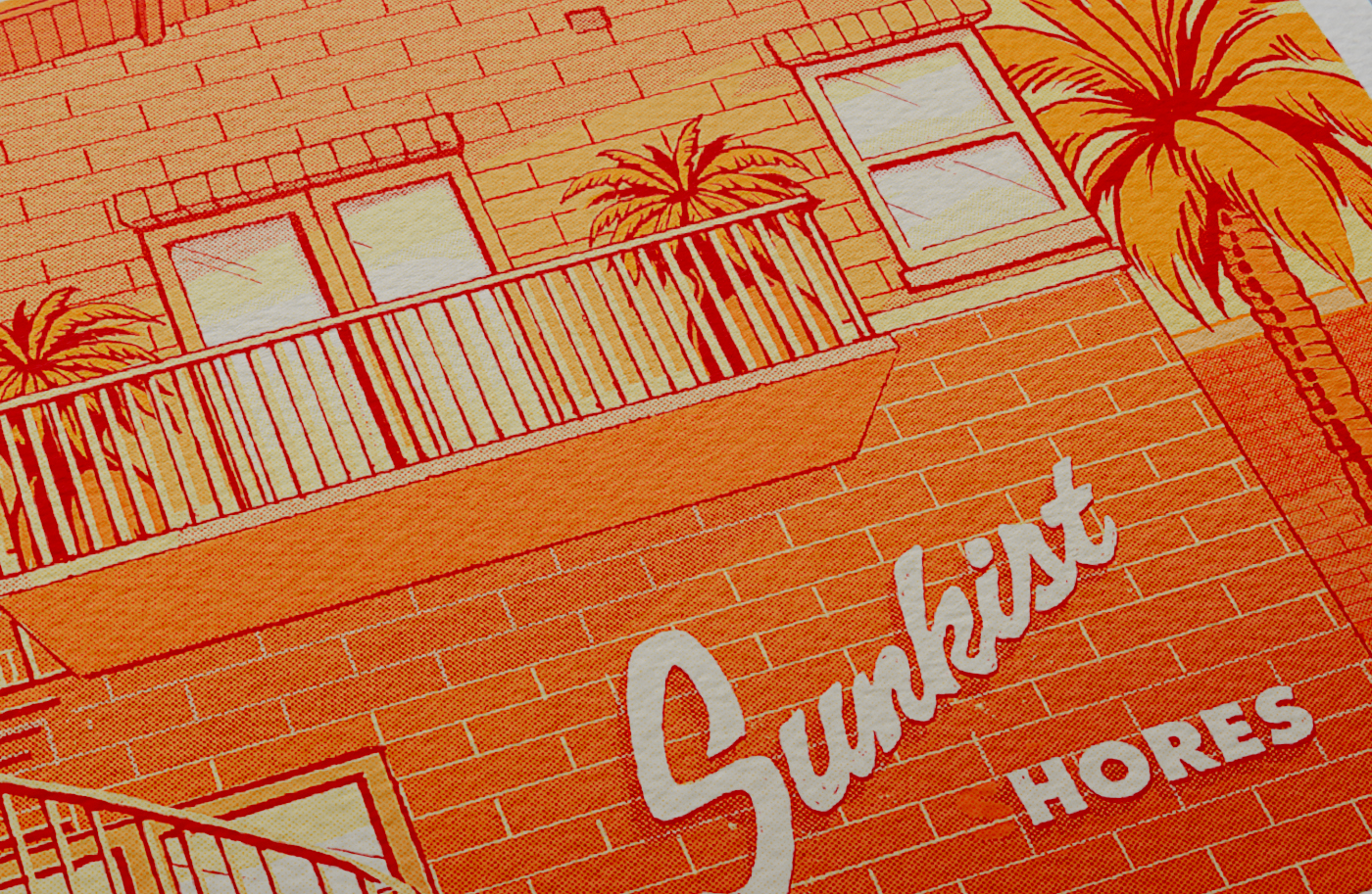 halftone risography Retro Printing Sunkist sunshine Ibis motel Palm Tree
