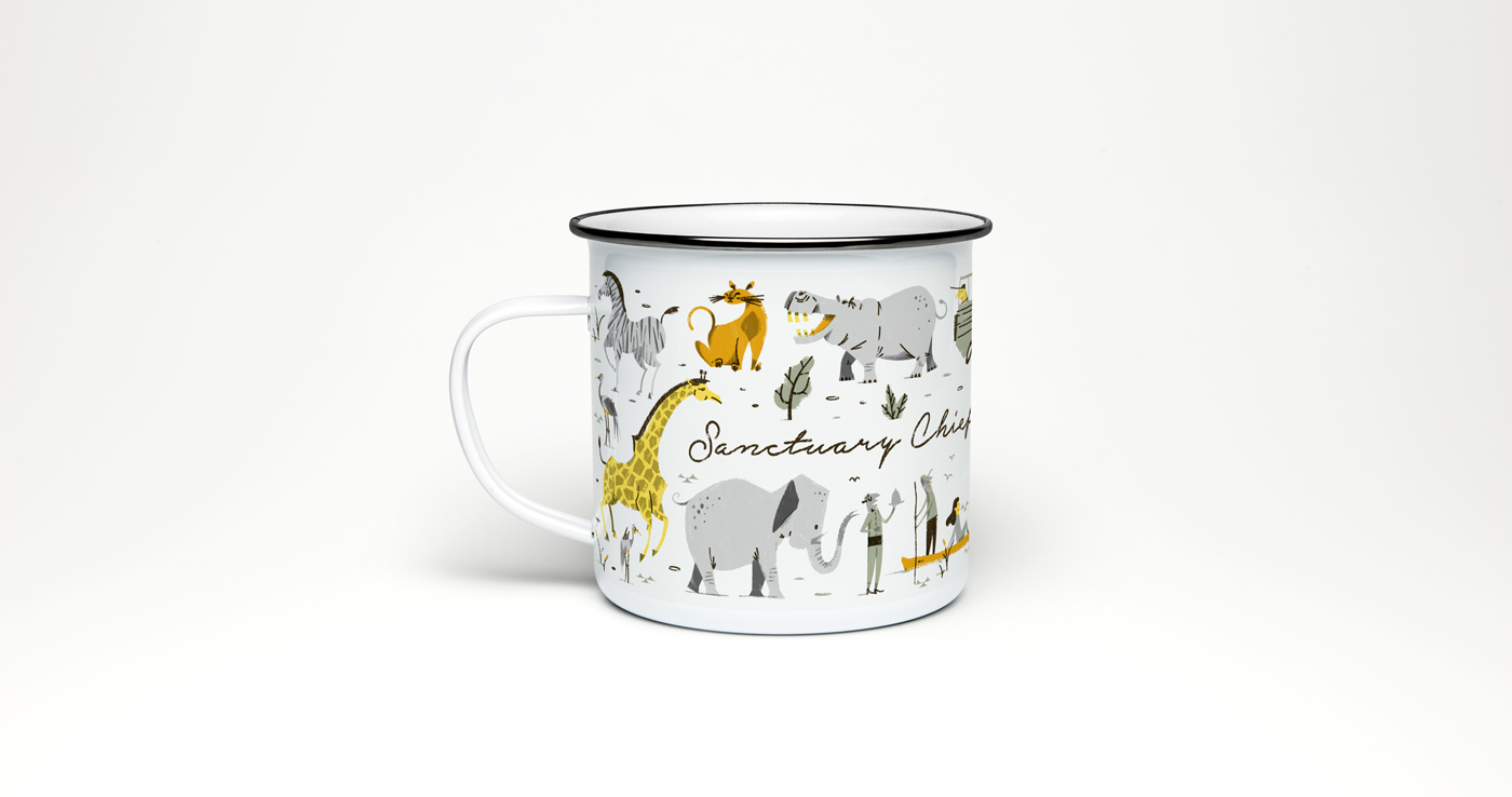 Enamel mug illustrated African safari animals in children's book style.
