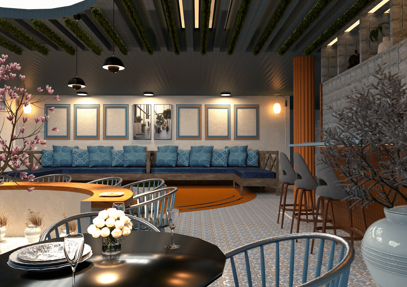 interior design  restaurant beach orange blue 3D Render visualization vray SketchUP
