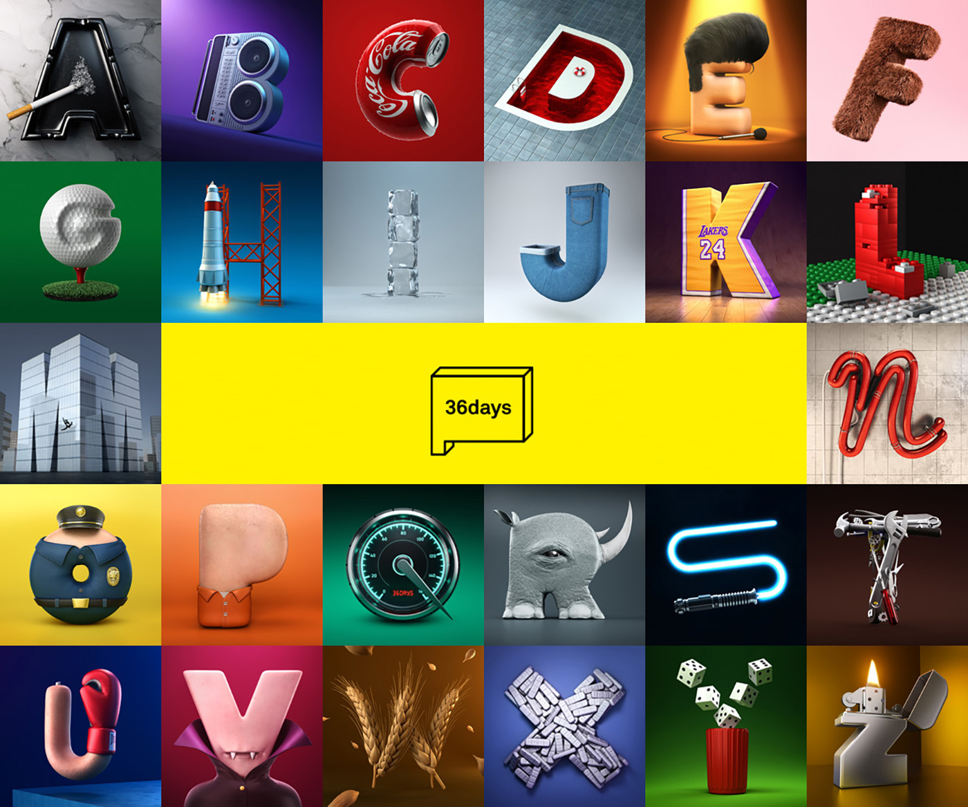 36daysoftype 36days alphabet letters 3D CGI craft ashtray boombox cocacola coke deadpool kobe LEGO neon