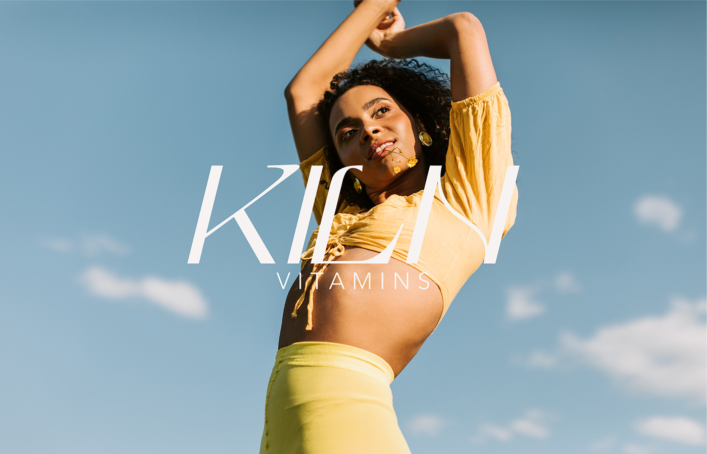 Logo marque for Kiln Vitamins, featuring italic serif typeface against brand photography.