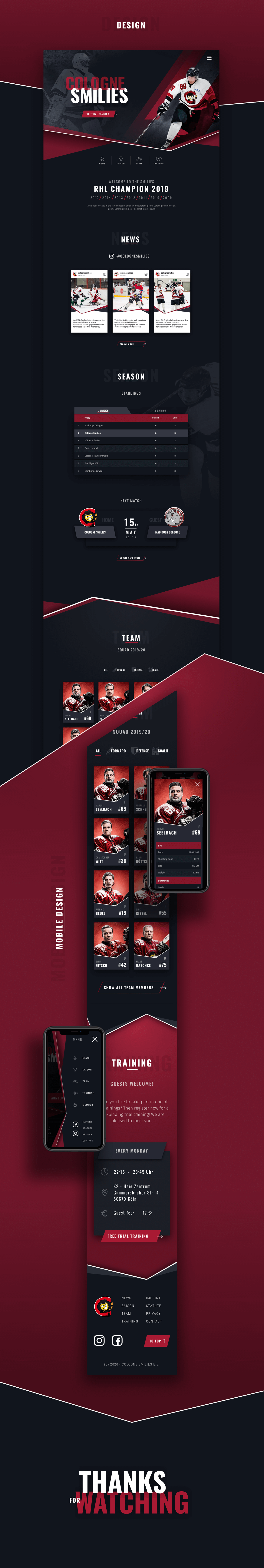 Icehockey interaction mobile onepage Responsive webdesign slanted sport team UI-design Website