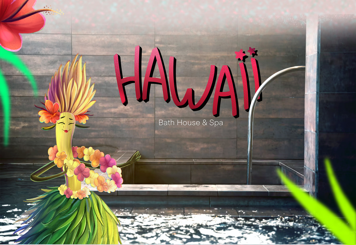 This is a concept project for the development of a brand character for a bath house and spa “Hawaii”