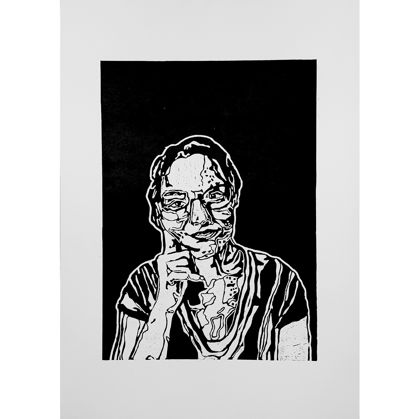 blackandwhite contemporary emotions graphicart identity individualism linocut printmaking self portrait selfacceptance