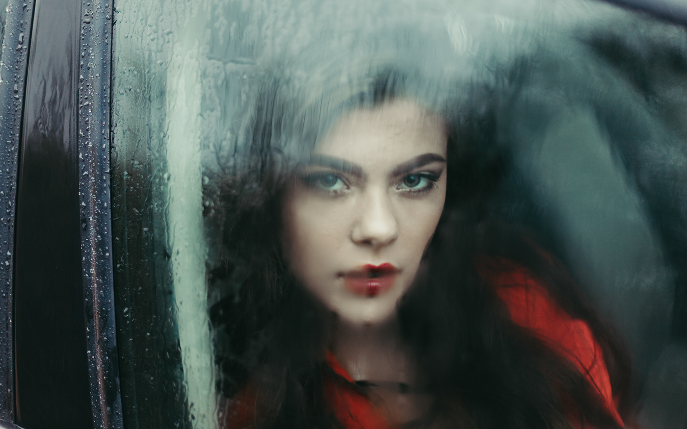 cinematic color grade complementary colors dramatic eyes girl green lips rain red