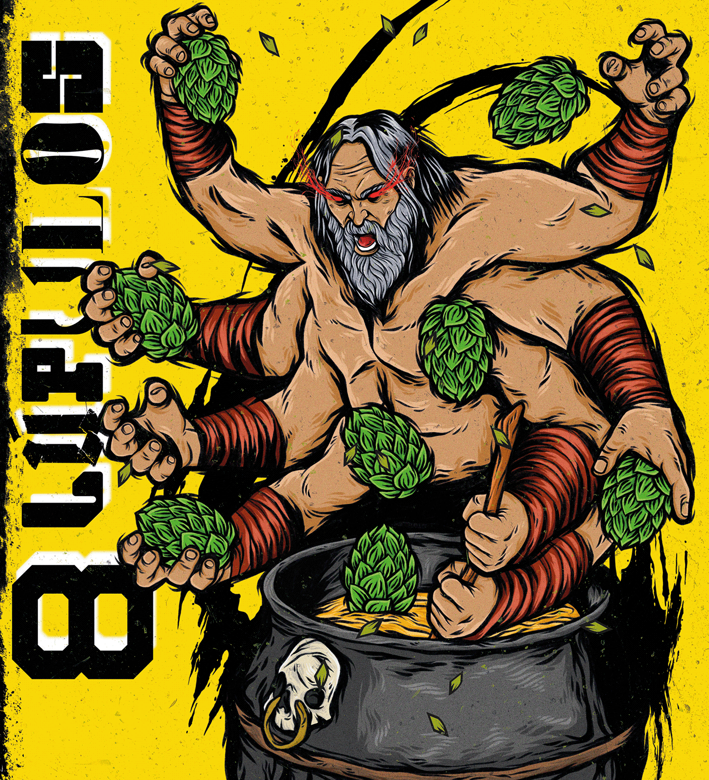 beer hop yellow creature Character design  8 arms agressive lupulos