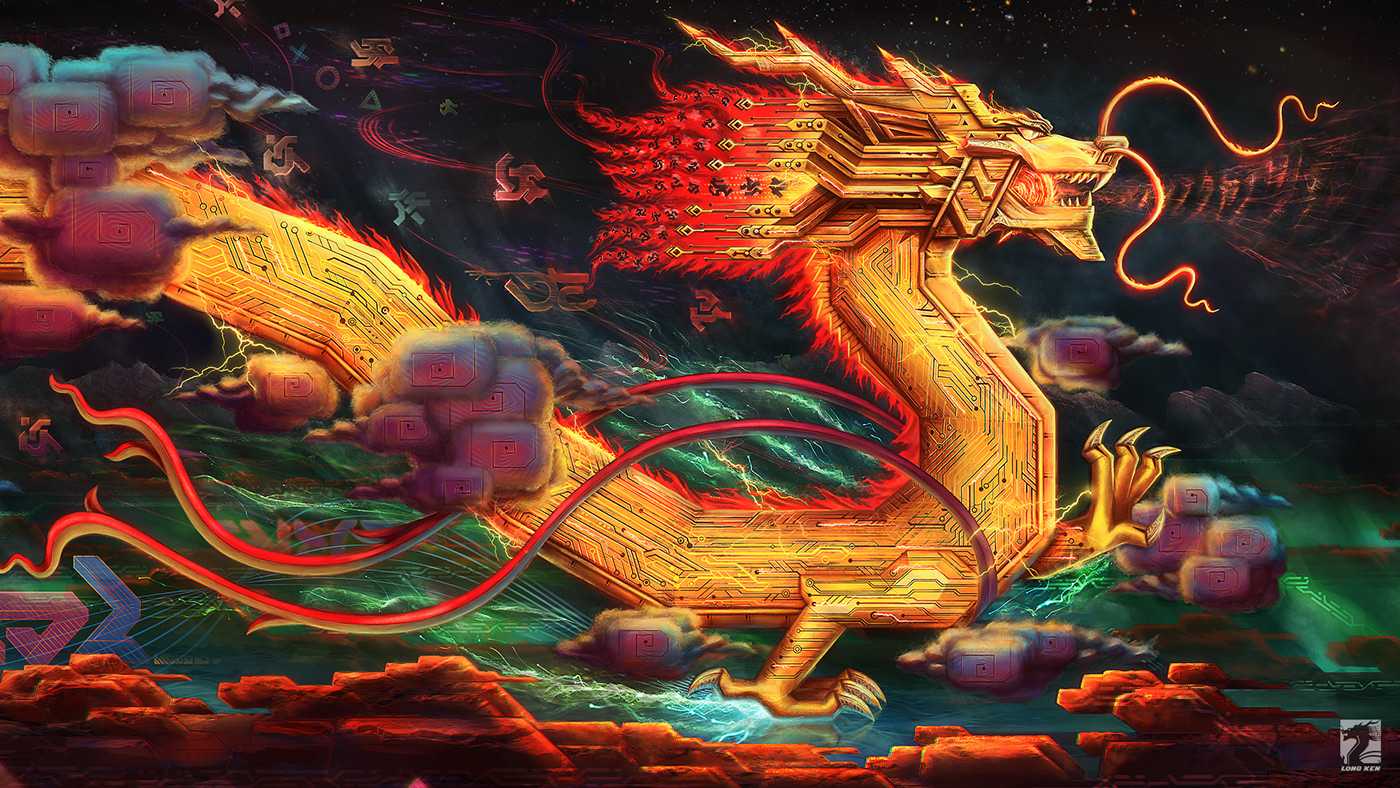 dragon asian digital painting fire electricity cloud energy
