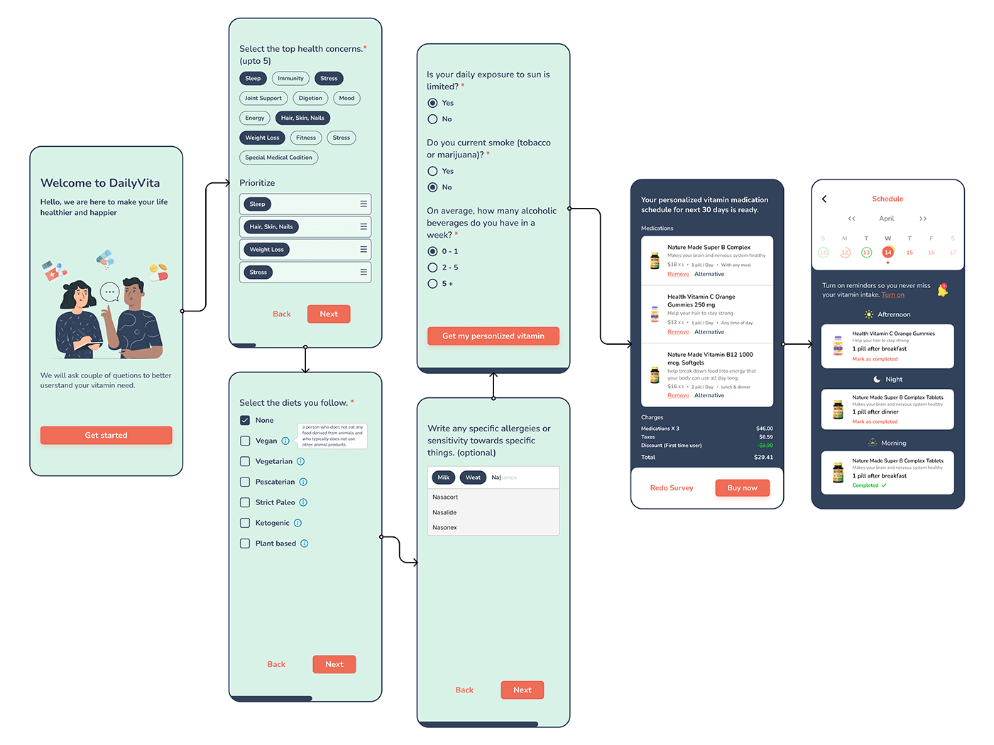 calendar checkout Form medicine minimal recommendation schedule survey UX design vitamins