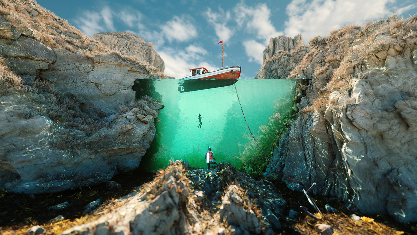 3D rendering CGI octane Cinema Render water boat 4d scuba