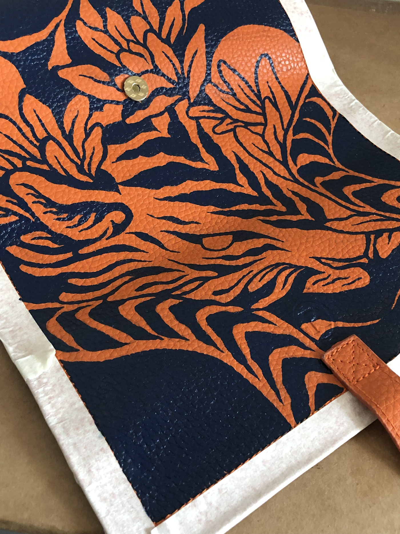 Bespoke artwork: Hand-painted leather product illustrating the 'Year of the Tiger', by Shann Larsson