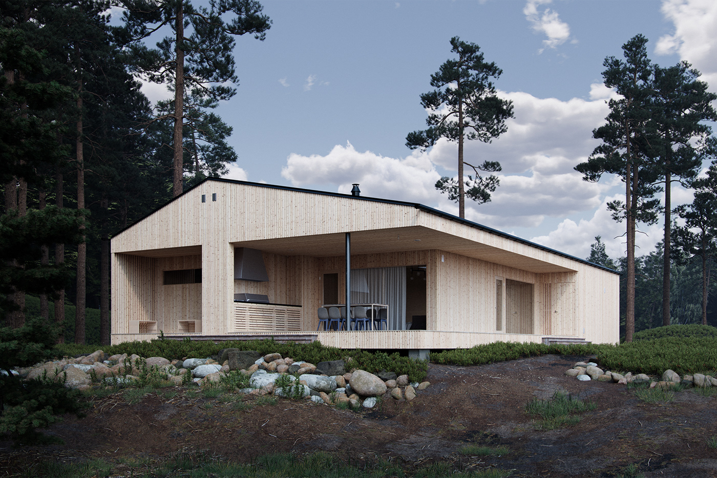 exterior visualization CGI HDRI house modern Moody rendering Sunny wooden