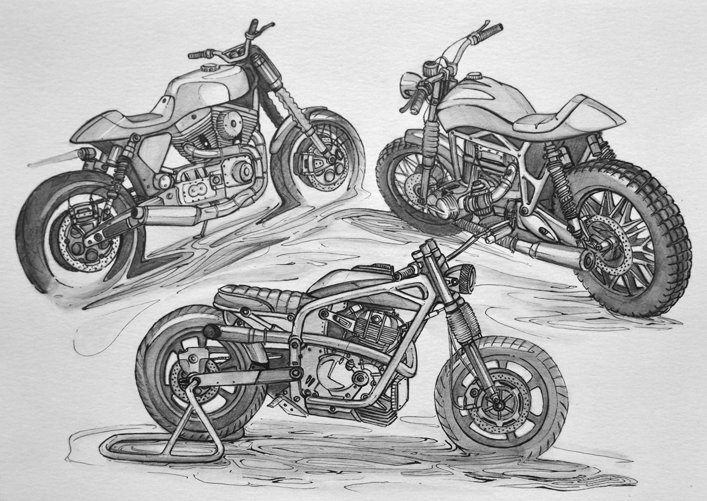 motorcycles cafe racer scrambler typo handmade watersoluble graphite concepts moto Vehicle transportation sketch design Retro sketchs