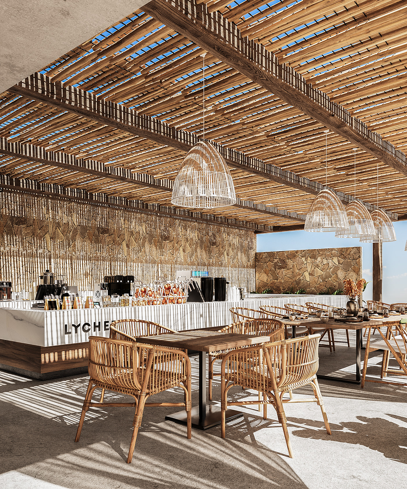 cafe restaurant interiordesign visualization Render 3dsmax sea design beach Outdoor
