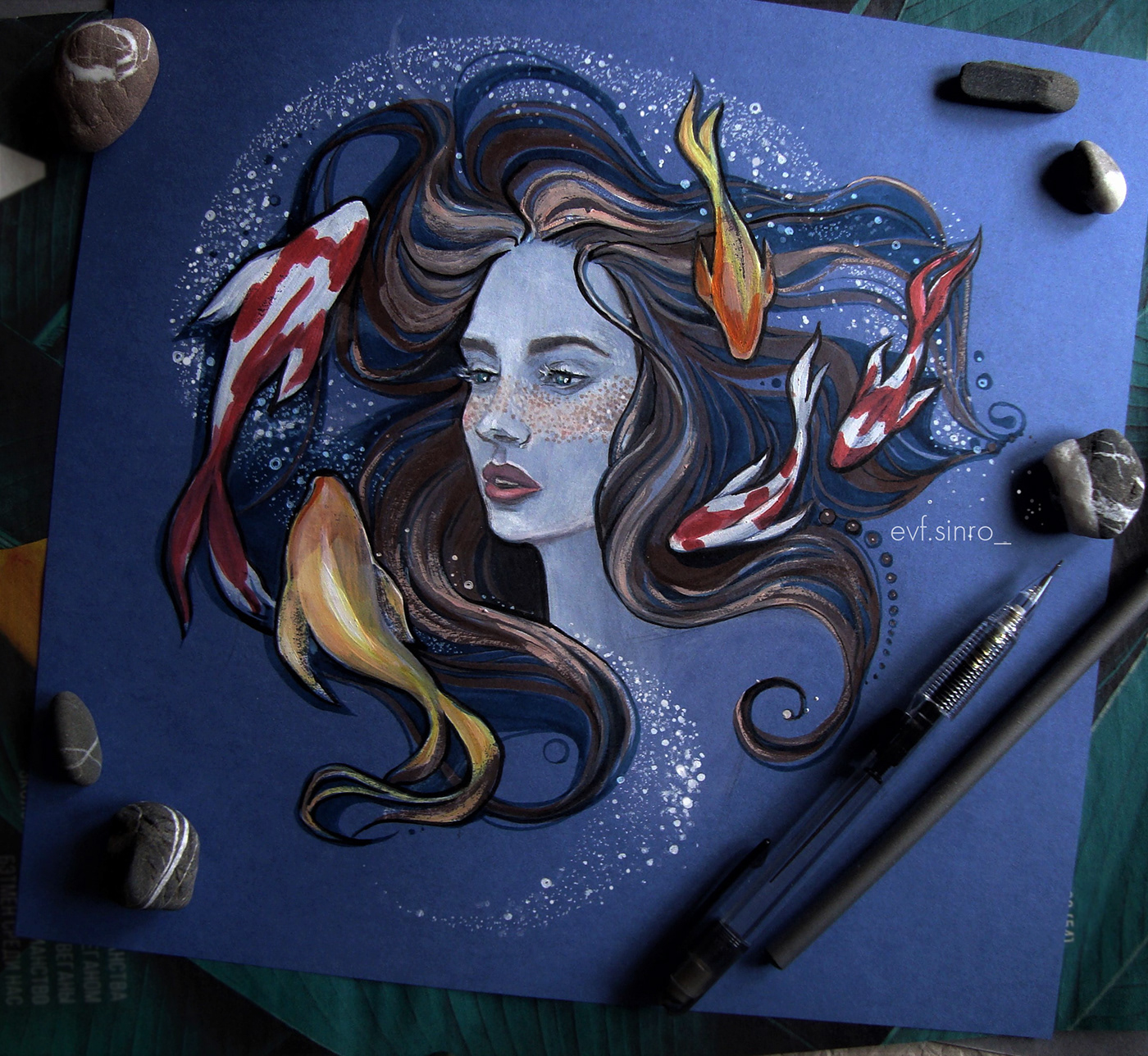 koi fish girl under water motion copic markers colour river Magic   portrait