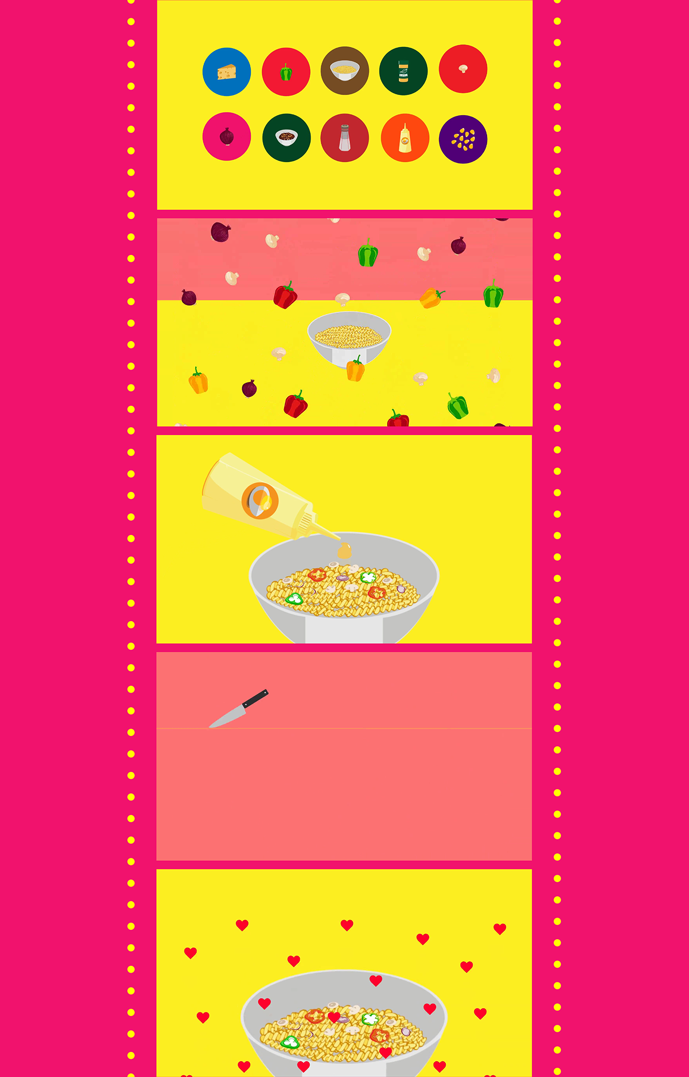 motion graphics  Pasta salad recipe illustration  Colour video animation 
