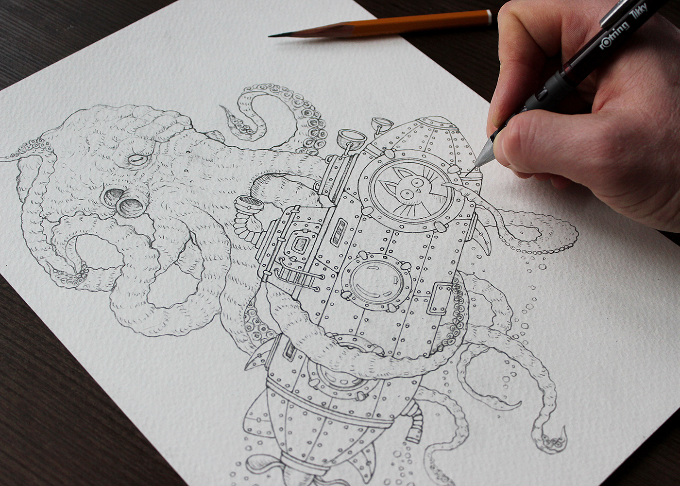 dotwork inkart Pointillism submarine tentacles stippling Tshirt Design ink drawing Cat kraken