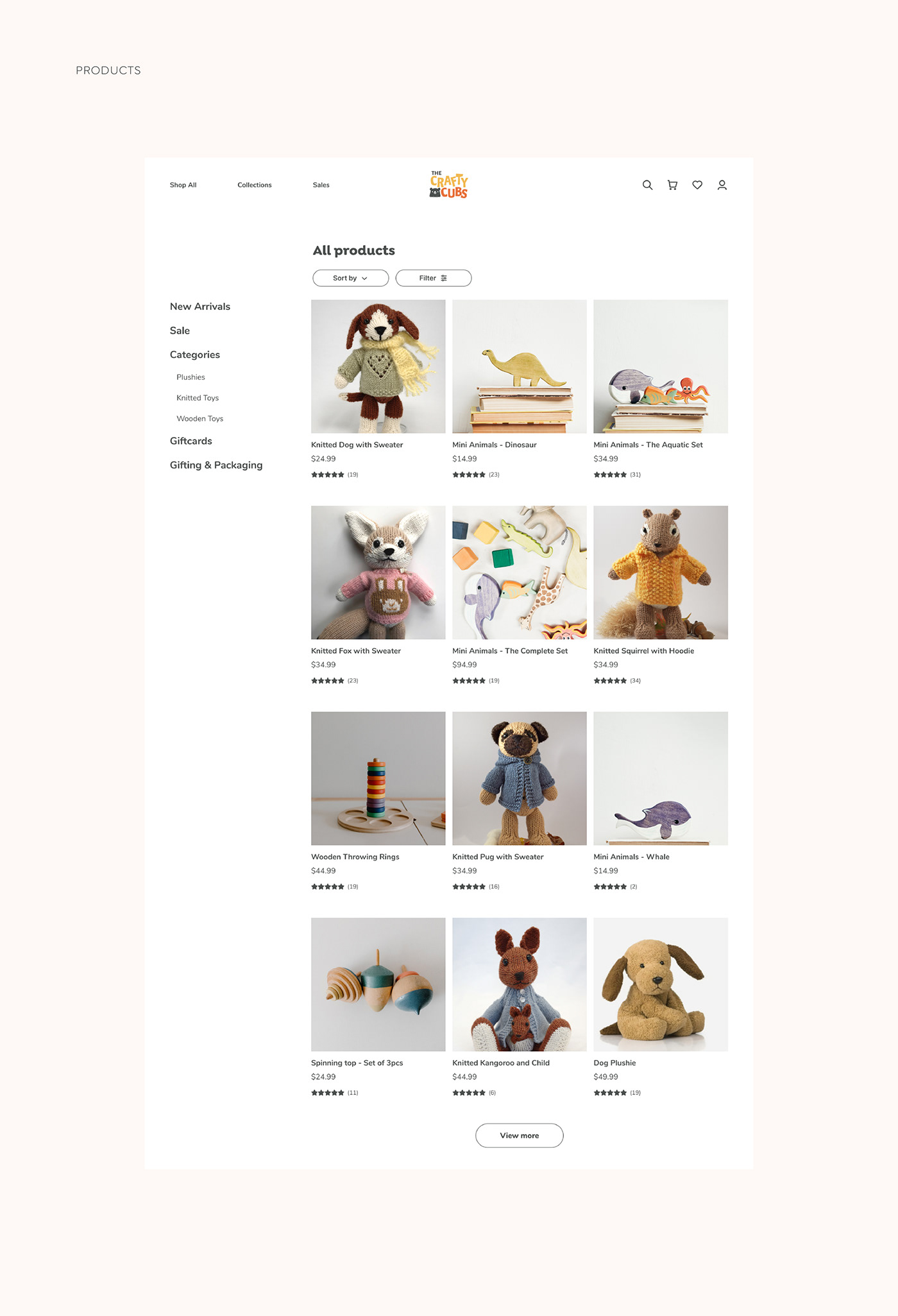 products page for The Crafty Cub