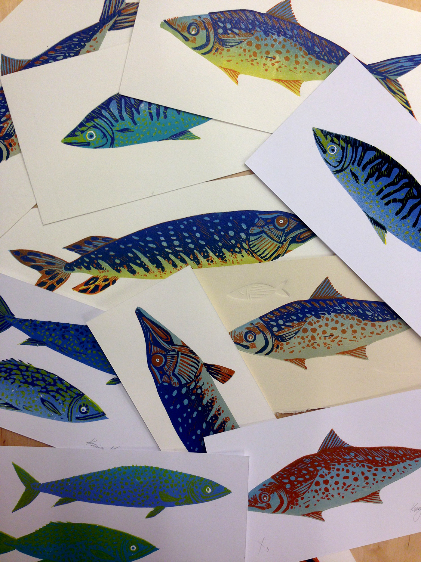 linocut Color print print mini print  postcards printmaking Rédaction fish