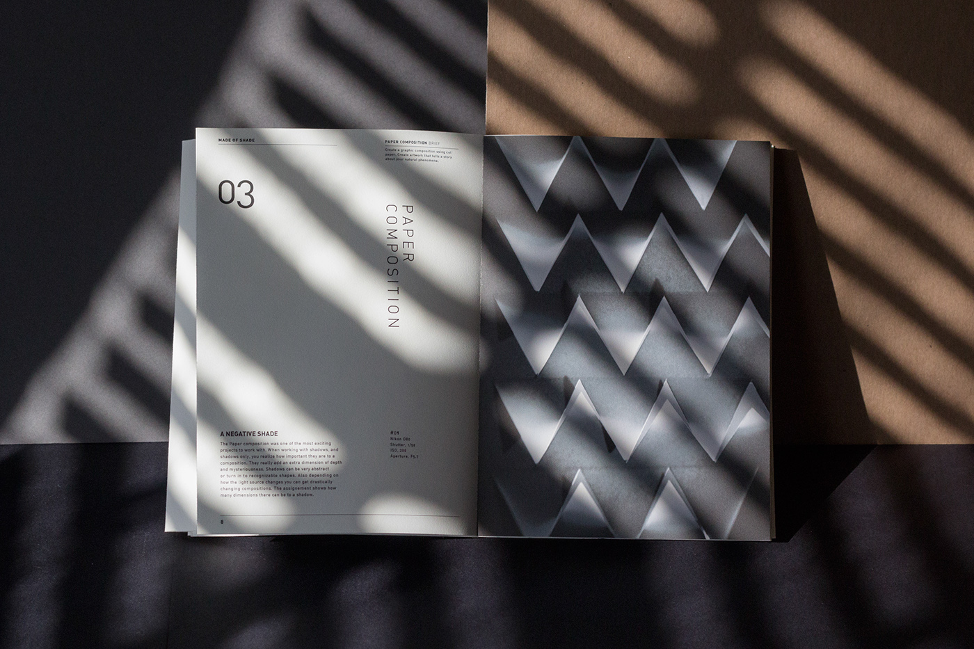 book magazine shadow shade light letterforms exploration