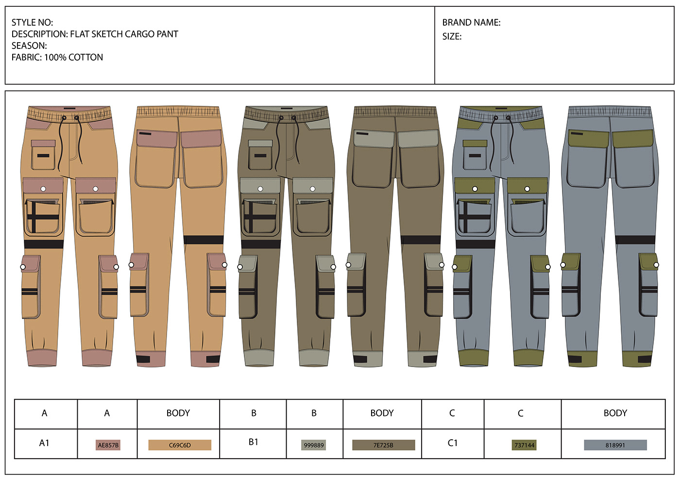 Cargo Pants Tech Pack fashion design Menswear bottomwear pants apparel Clothing Tech Pack Designer technical drawing