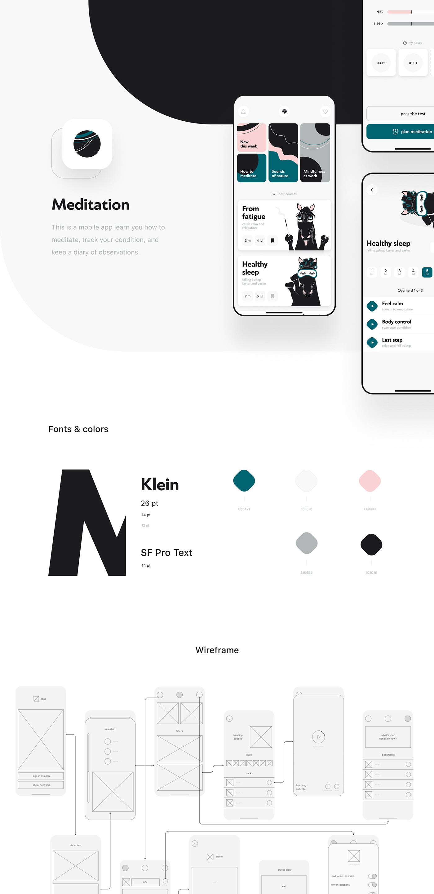 Mobile app meditation UI wireframe Microinteractions ux calm dark team player user interface