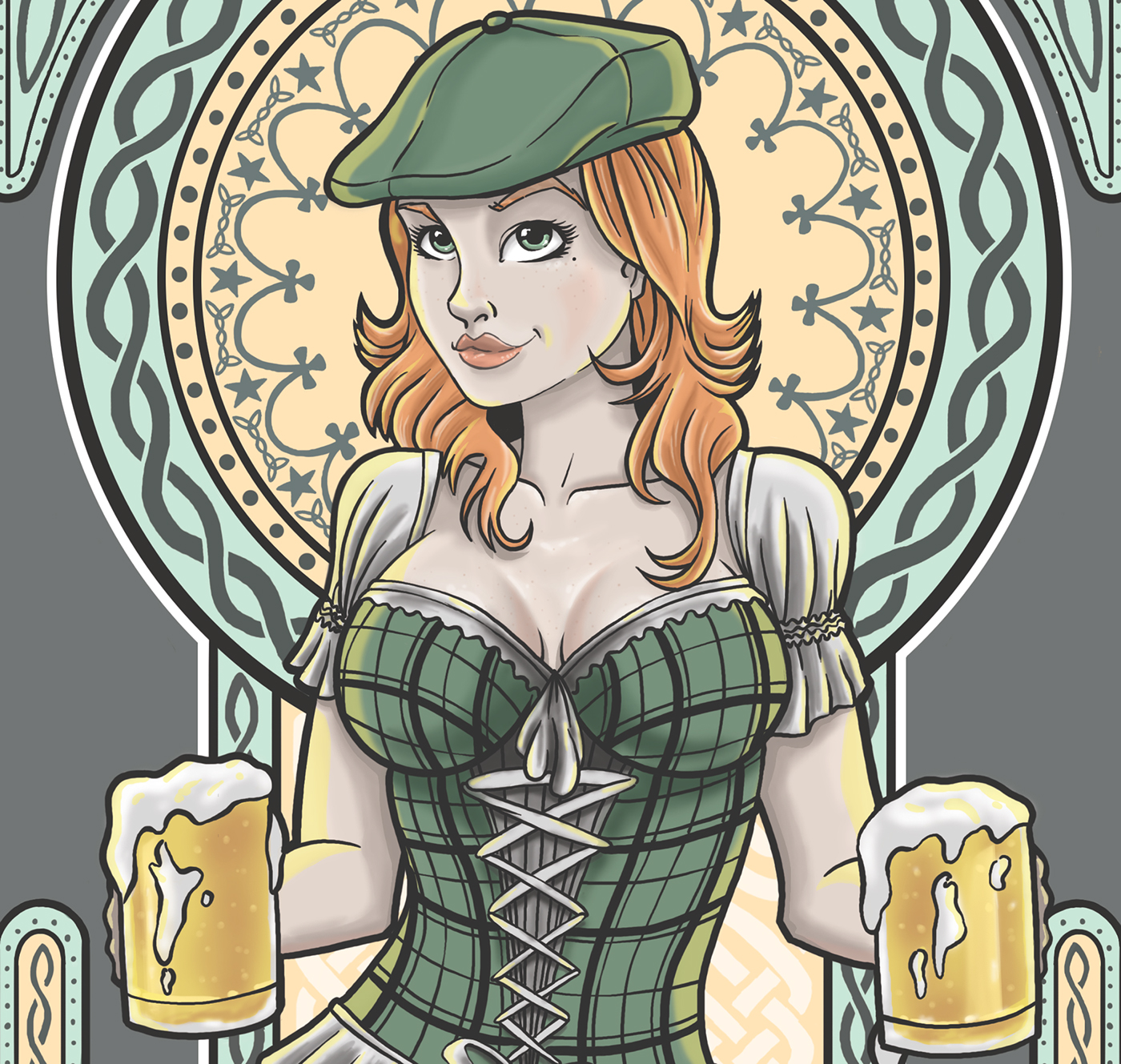 Happy St. Patrick's irish pin-up beer girl knotwork raster chris honeywell female comic ornament clover pattern art nouveau