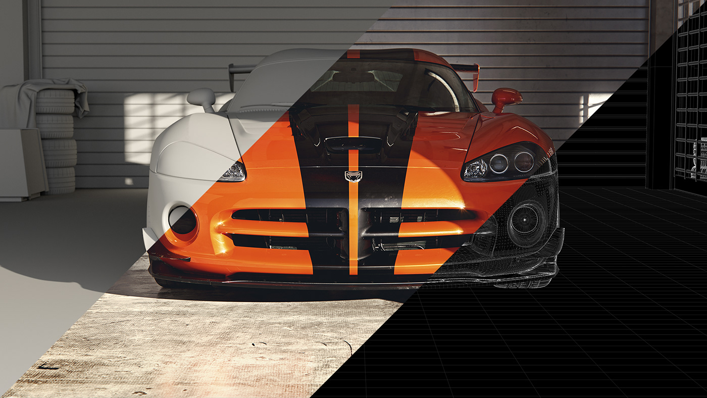 dodge Viper acr orange black garage concrete cinema 4d car CGI
