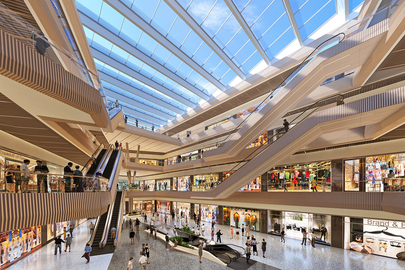 Interior mall rendering shop terazzo vray wood
