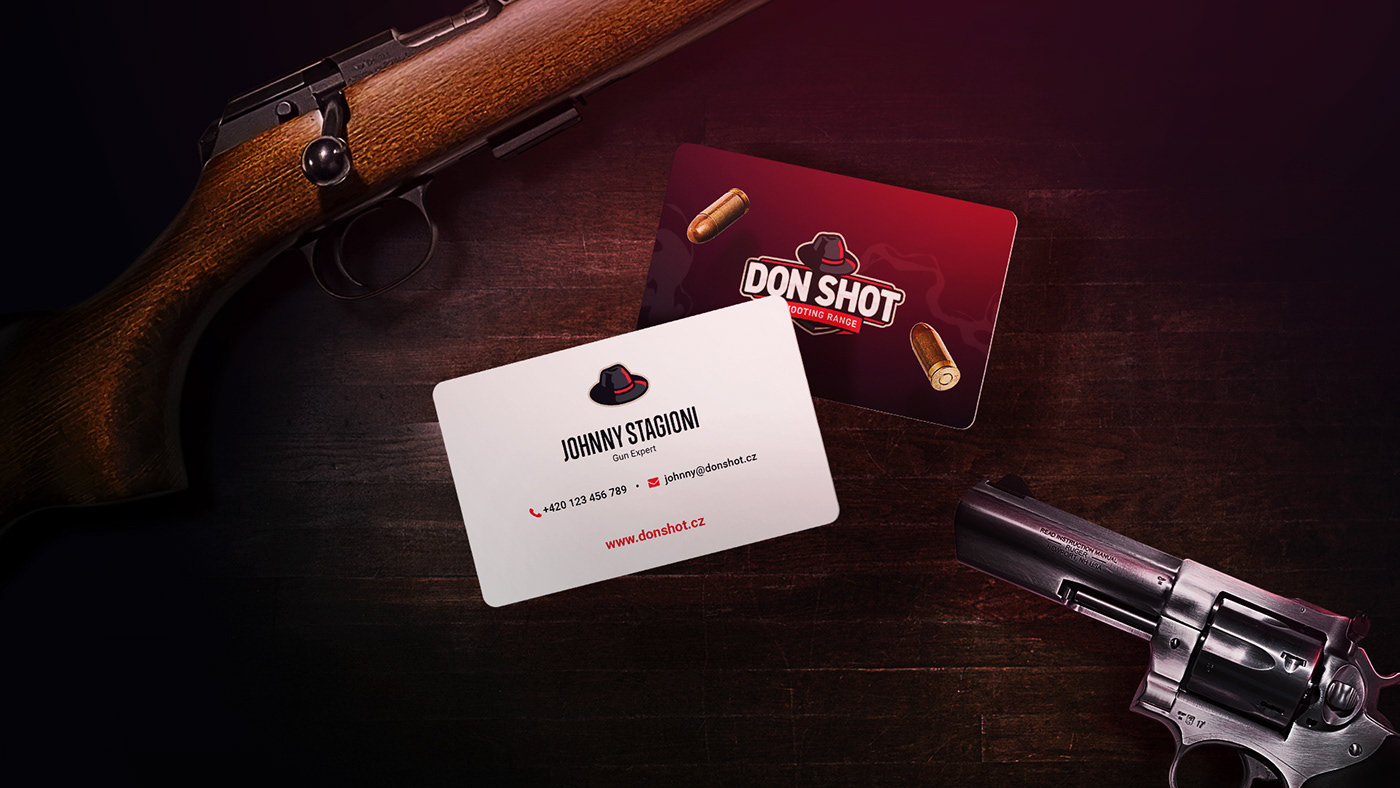 Business card on a table with guns
