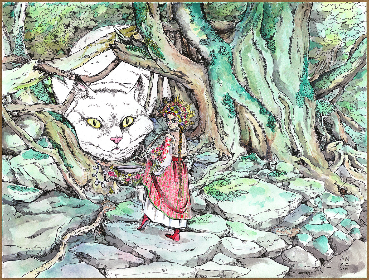 Cat costume folkwear Landscape painting   watercolor