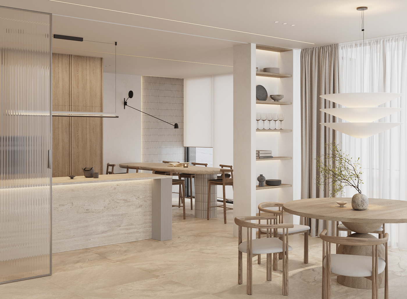house Interior kitchen living room Minimalism Render soft visualization wood