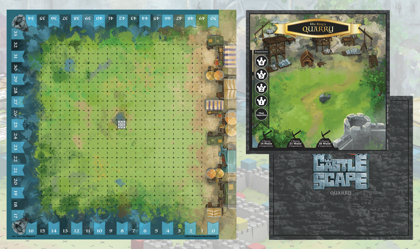 Game boards for Castle Scape, a card drafting game by Praetorian Games. Traci and Kurt