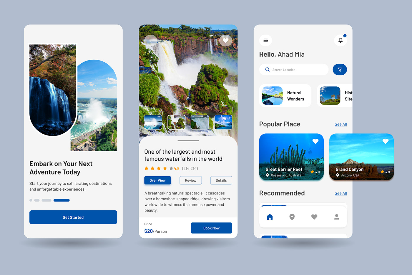 Booking itinerary destination navigation reviews UI ux design Mobile app graphics design