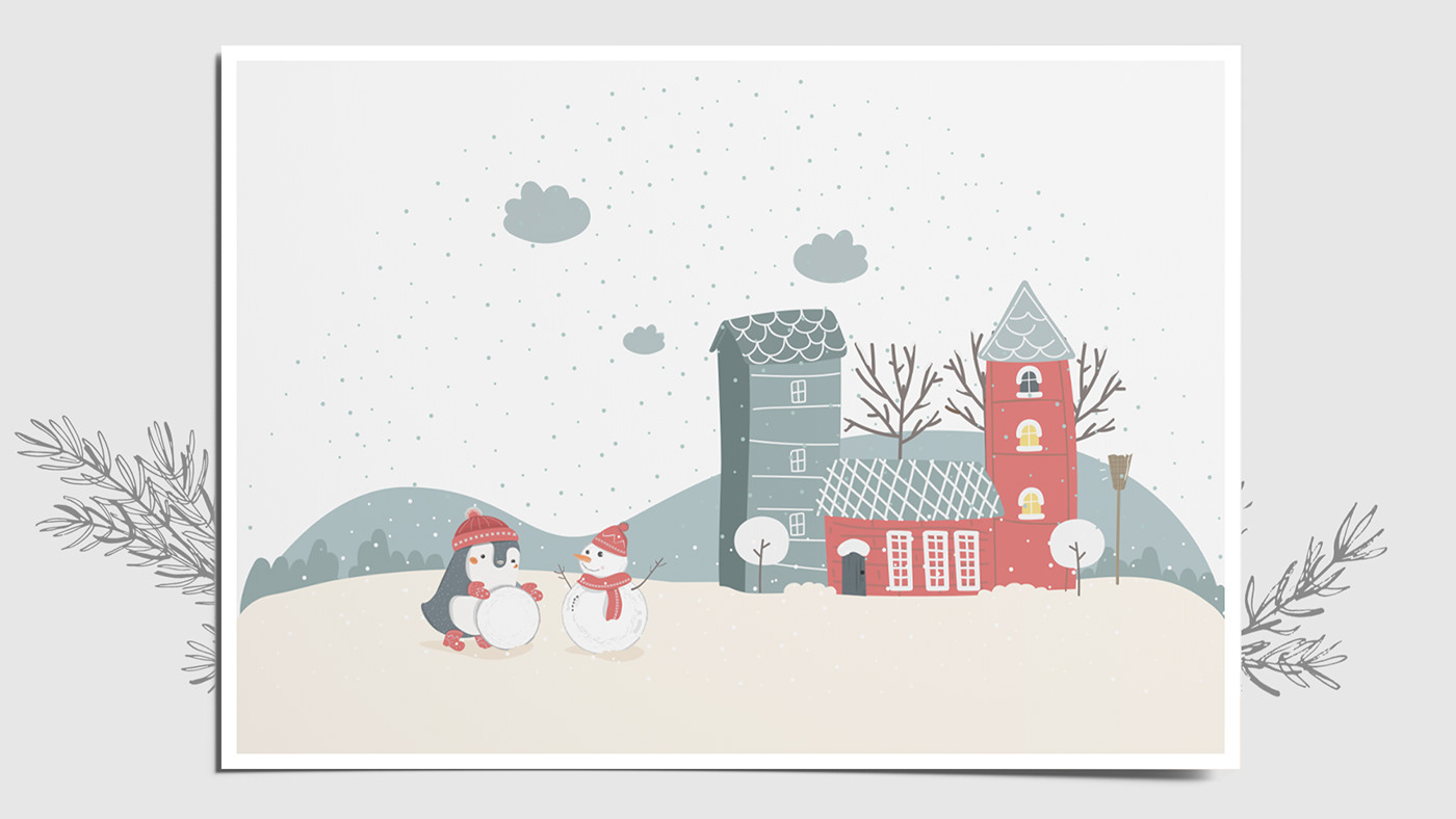 postcard ILLUSTRATION  penguin Merry Christmas happy new year winter