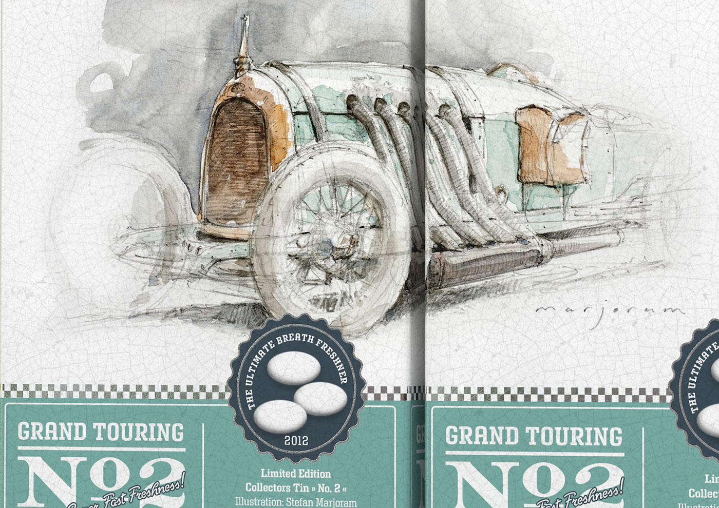 Stefan Marjoram Marcel Buerkle visualization design watercolour illustrations Graphic designs 3D renders peppermints tin box Grand Touring south africa Sports Cars vintage