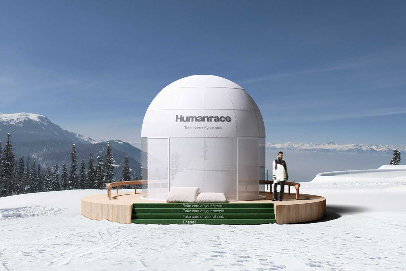 design humanrace mountains Outdoor pharrell williams Retail skincare dome Nature snow