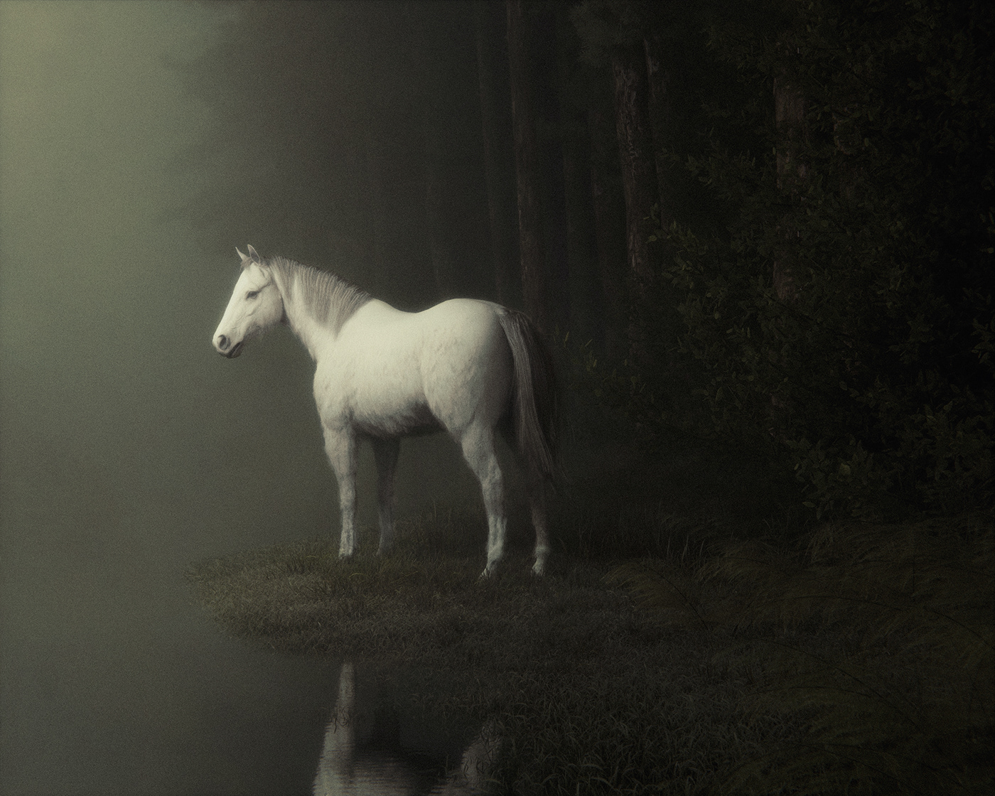 dark mood 3D Render Digital Art  art lighting horse Nature forest