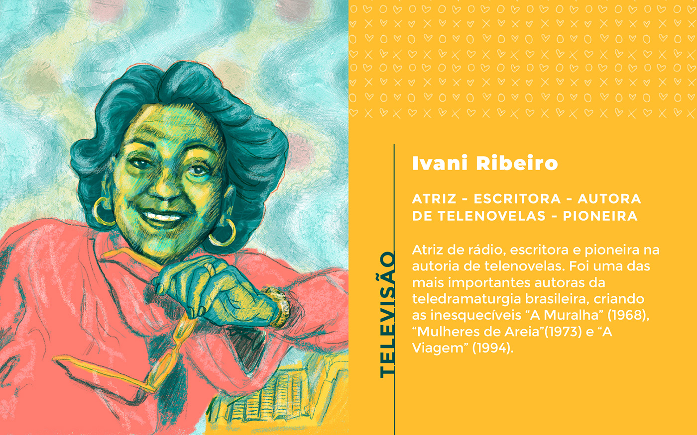 An illustrated portrait of Ivani Ribeiro, a famous brazilian soap opera writer.