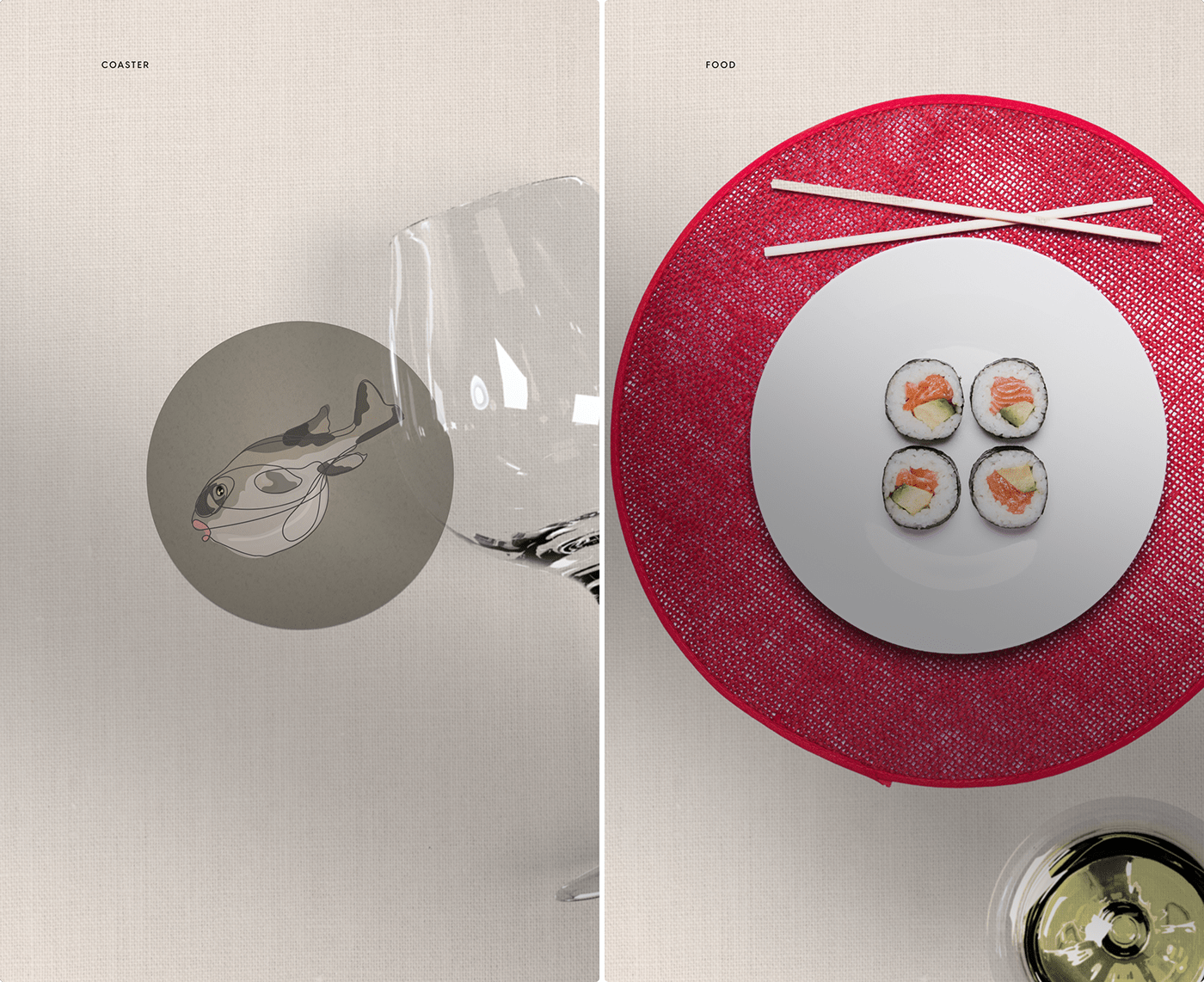 A collage of fugu restaurant's branding elements in photo realistic mockups